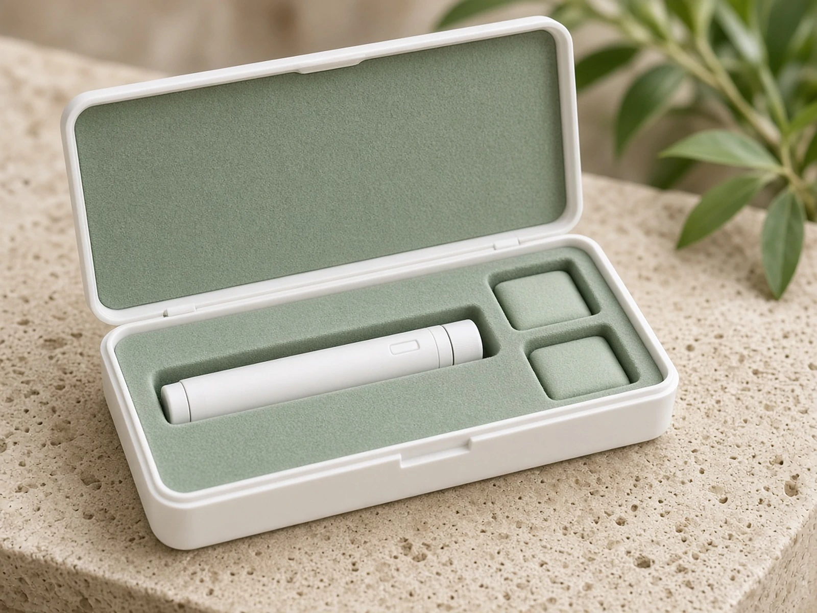Cream cold-chain box with an unlabelled pen and ice packs
