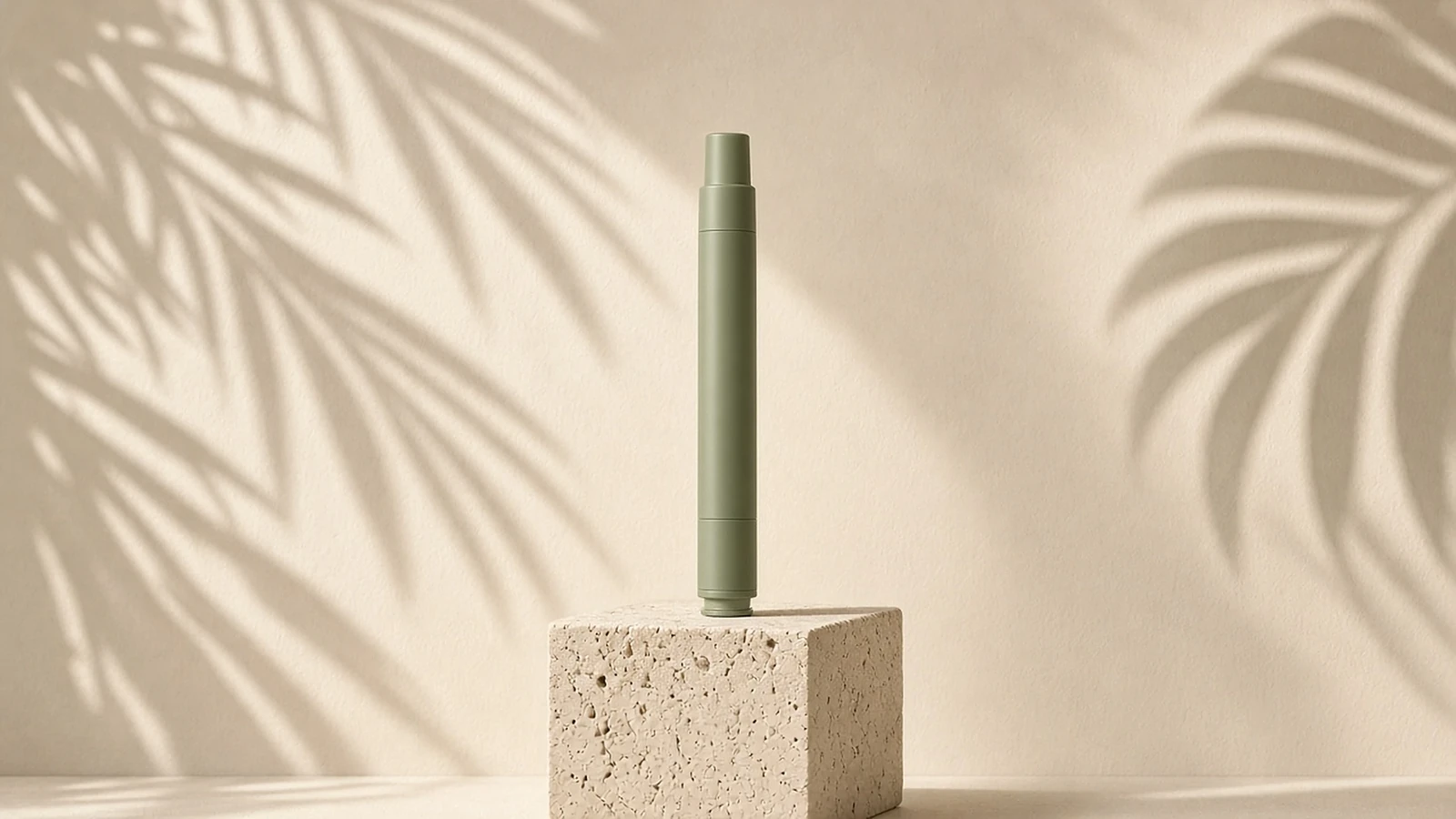 Unbranded sage pen standing on a travertine block in morning light