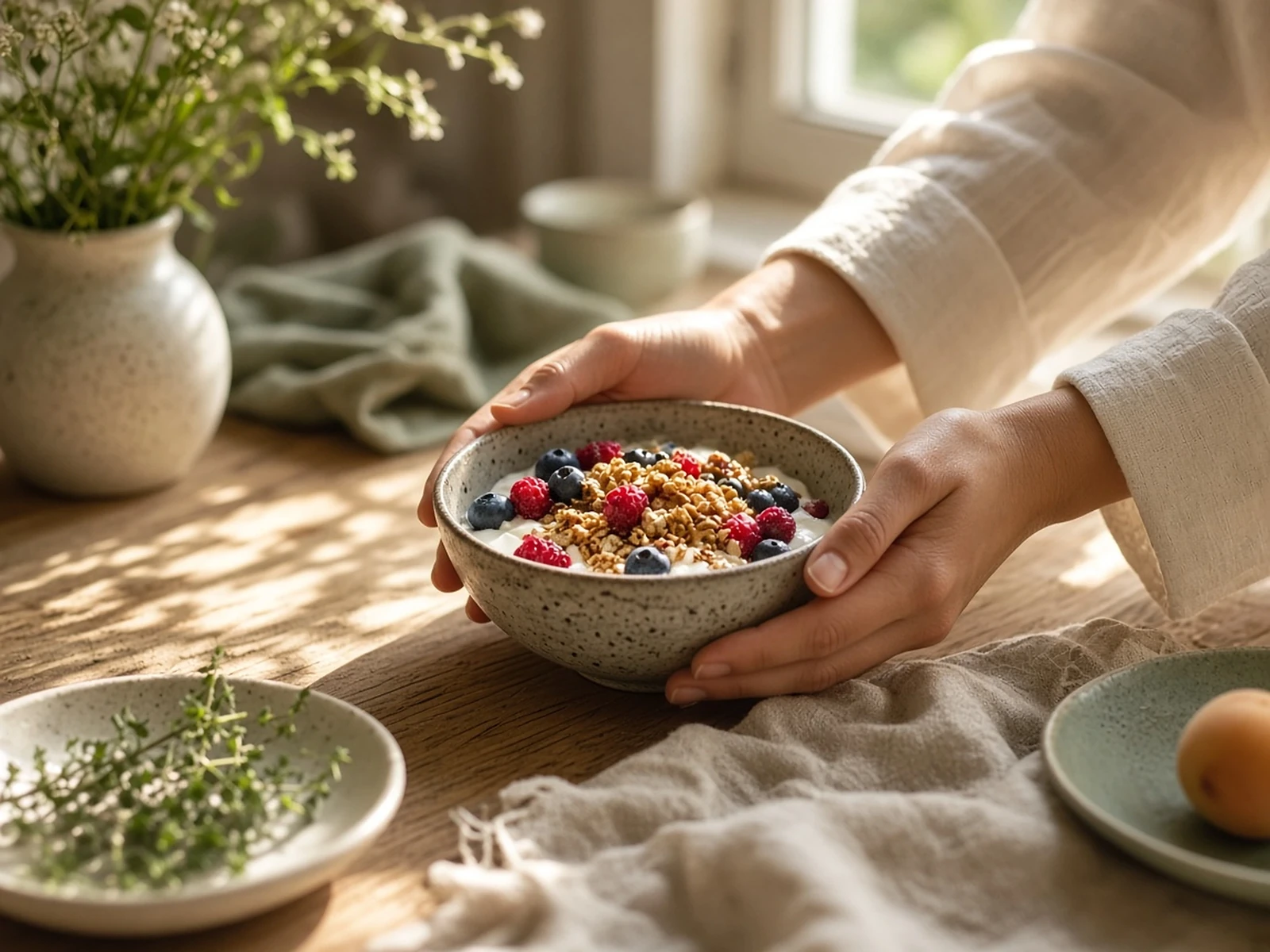 Hands holding a bowl of yoghurt and berries in morning light