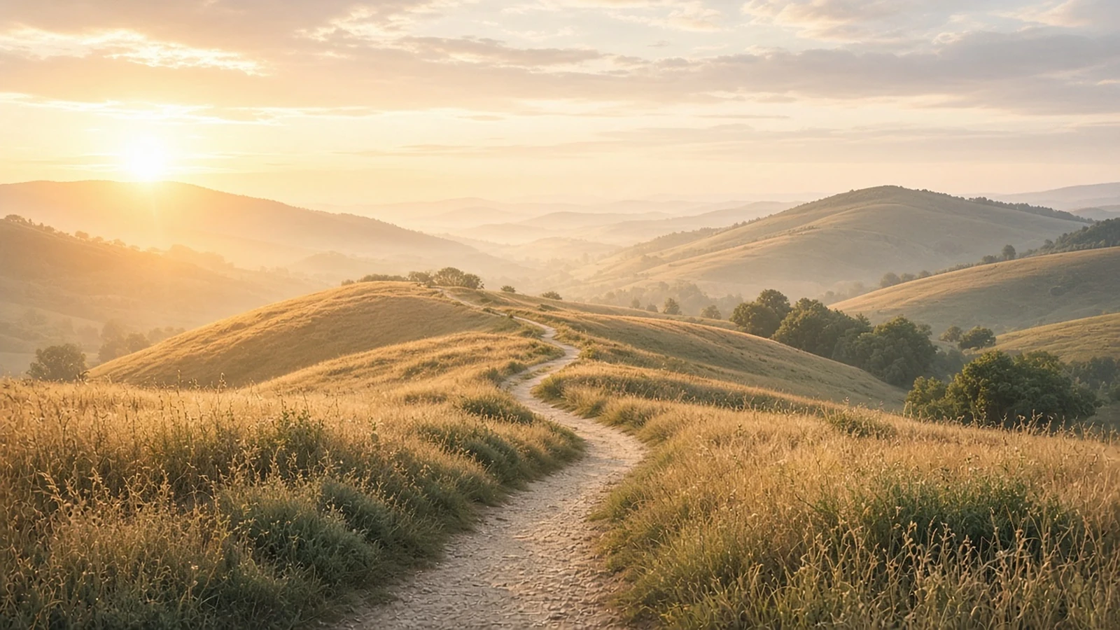 A gravel path through golden meadows at sunrise