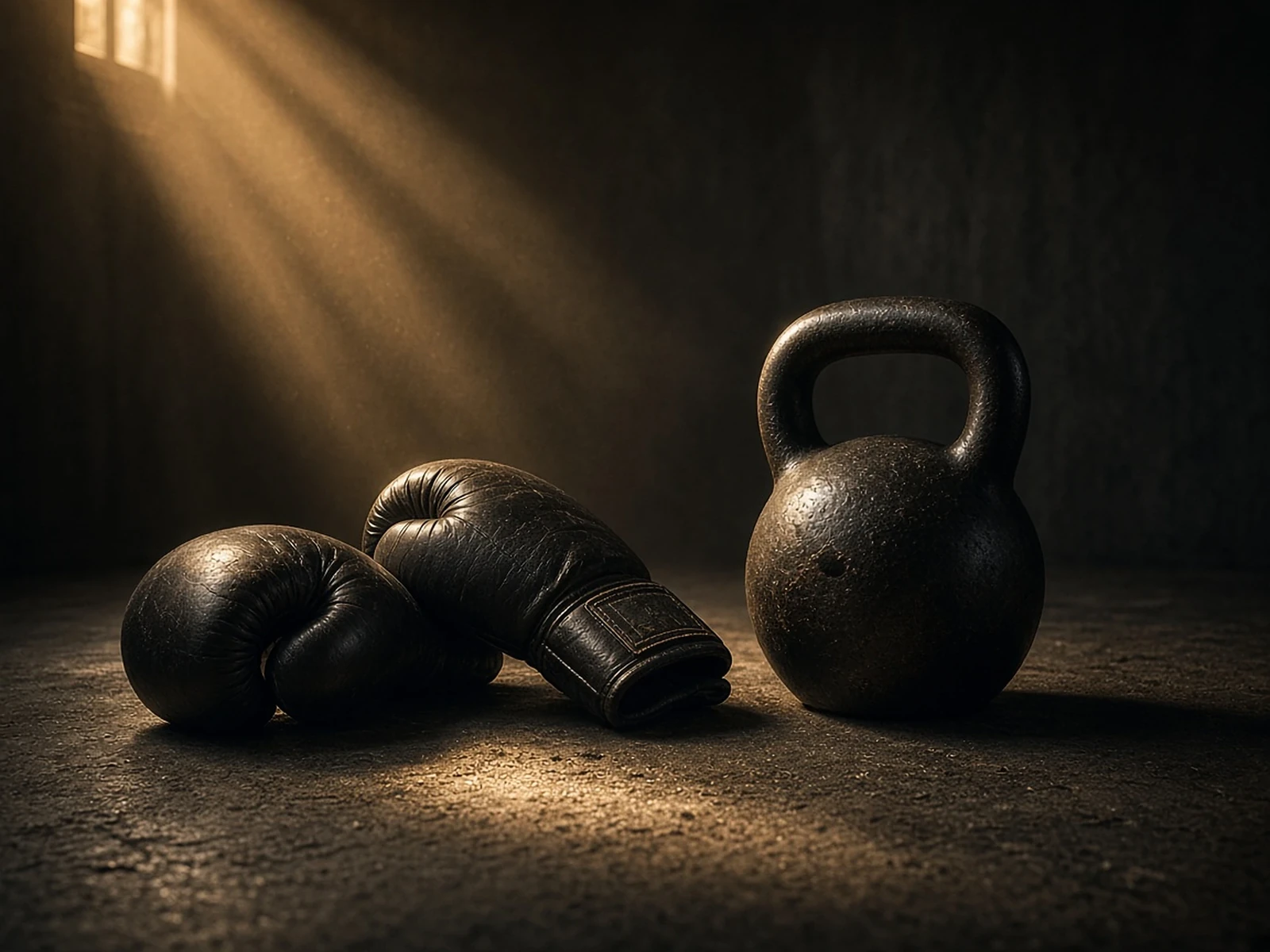Leather boxing gloves and a kettlebell in a shaft of light