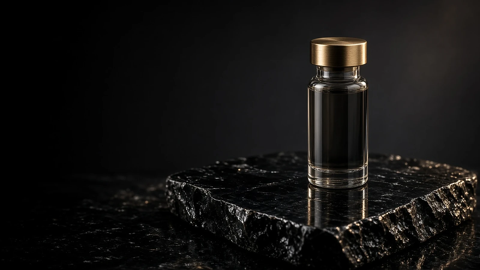 A brass-capped glass vial on black stone